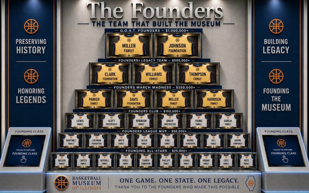 Rendering of the Founders Wall at the Basketball Museum of Illinois