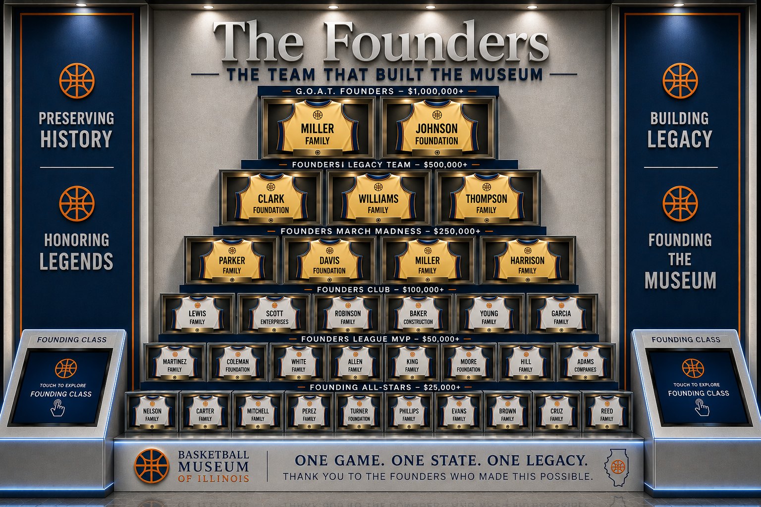 Rendering of the Founders Wall at the Basketball Museum of Illinois